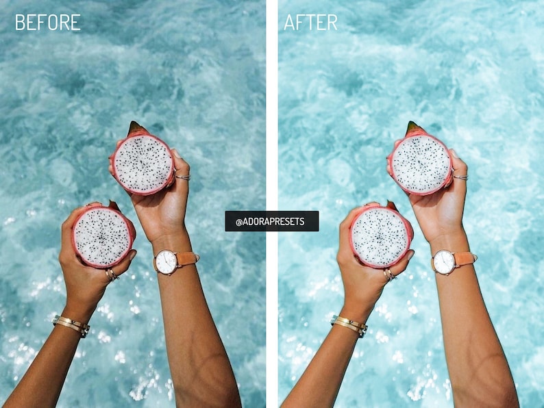 May include: Two halves of a dragon fruit with white flesh and black seeds held up against a bright blue water background. The image is split into two sections labeled BEFORE and AFTER, with the text @ADORAPRESETS displayed in the center.