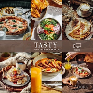 May include: A collage of food photography featuring pizza, a salad bowl, crepes, pancakes with bananas, shrimp and grits, and avocado toast, with the text TASTY LIGHTROOM PRESETS and icons for mobile and desktop devices displayed in the center.