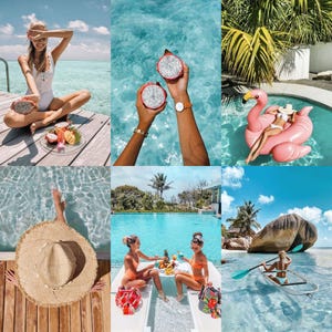 May include: A collage of summer vacation scenes featuring a white swimsuit, dragon fruit, a pink flamingo pool float, a large straw sun hat, two people in orange swimwear with colorful bags, and a person in a clear kayak on turquoise water.