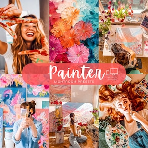 Könnte beinhalten: Eine digitale Produktanzeige mit dem Text Painter Lightroom Presets und Symbolen für Telefon und Computer. Die Collage zeigt verschiedene Szenen von Künstlern, die florale Leinwände bemalen, farbenfrohe Ölgemälde und Personen mit Pinseln.