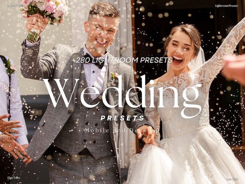 May include: A wedding couple walks away from the ceremony, smiling and laughing as they are showered with confetti. The image is a promotional graphic for a set of 280 Lightroom presets for wedding photography, labeled "Wedding Presets - Mobile and Desktop".