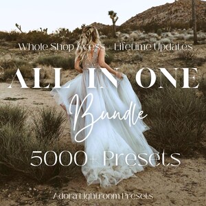 May include: A woman in a white wedding dress stands in a desert landscape with the text "Whole Shop Access + Lifetime Updates" and "ALL IN ONE Bundle 5000+ Presets Adora Lightroom Presets" superimposed on the image.