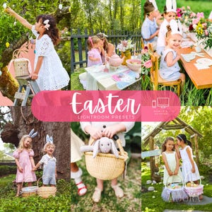 May include: A collection of digital photo editing presets titled Easter Lightroom Presets for mobile and desktop, featuring a collage of children in outdoor settings, wearing bunny ears, holding woven baskets, and participating in Easter activities.