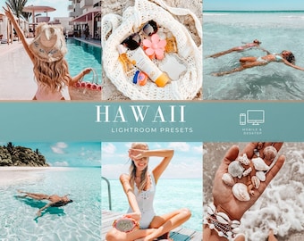 May include: A collage of six beach-themed images featuring a person in a sun hat, a white crochet bag with sunscreen and sunglasses, people swimming in turquoise water, a person in a white swimsuit, and a hand holding seashells. Text reads HAWAII LIGHTROOM PRESETS.