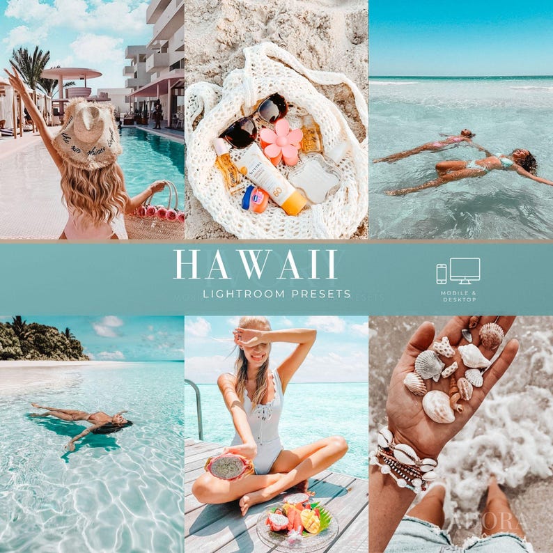 May include: A collage of six beach-themed images featuring a person in a sun hat, a white crochet bag with sunscreen and sunglasses, people swimming in turquoise water, a person in a white swimsuit, and a hand holding seashells. Text reads HAWAII LIGHTROOM PRESETS.