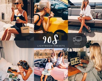 Puede incluir: Un collage digital de seis fotografías de estilo de vida que muestran a una persona en diversos entornos, incluyendo una calle, un barco, un dormitorio y un coche. El texto central dice 90s LIGHTROOM PRESETS con iconos para móvil y escritorio.