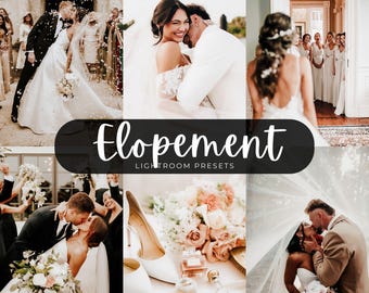 Puede incluir: Una colección digital de filtros de fotografía de bodas titulada Elopement Lightroom Presets, que presenta un collage de seis imágenes con parejas en trajes de boda blancos, ramos de novia, tacones altos blancos y miembros de la boda.