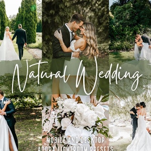May include: A collage of wedding photos featuring a couple in a lush green garden setting. The photos capture various moments of the wedding day, including the couple kissing, walking down a path, and holding a bouquet of white flowers. The text "Natural Wedding" is superimposed over the images, along with the phrase "Mobile and Desktop Adobe Lightroom Presets".