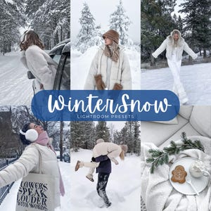 May include: A collage of six images featuring winter scenes with individuals in white and cream jackets, scarves, and earmuffs, alongside a plate with a gingerbread man and a mug. The text Winter Snow Lightroom Presets is overlaid in blue.