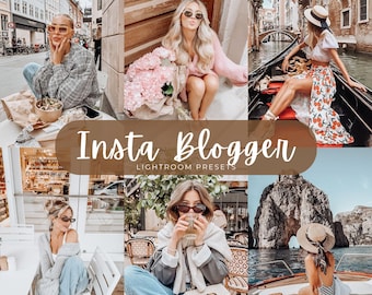 May include: A digital collection of six lifestyle photographs featuring various outdoor and indoor settings, overlaid with the brown text "Insta Blogger" and "LIGHTROOM PRESETS" in a white script and sans-serif font combination.