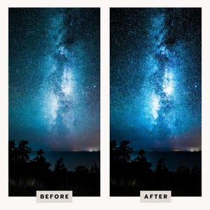 May include: A side-by-side comparison of a night sky photograph featuring the Milky Way galaxy above a dark silhouette of trees. The left panel is labelled BEFORE and the right panel is labelled AFTER, showing a difference in colour saturation and contrast.