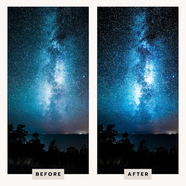 May include: A side-by-side comparison of a night sky photograph featuring the Milky Way galaxy above a dark silhouette of trees. The left panel is labelled BEFORE and the right panel is labelled AFTER, showing a difference in colour saturation and contrast.