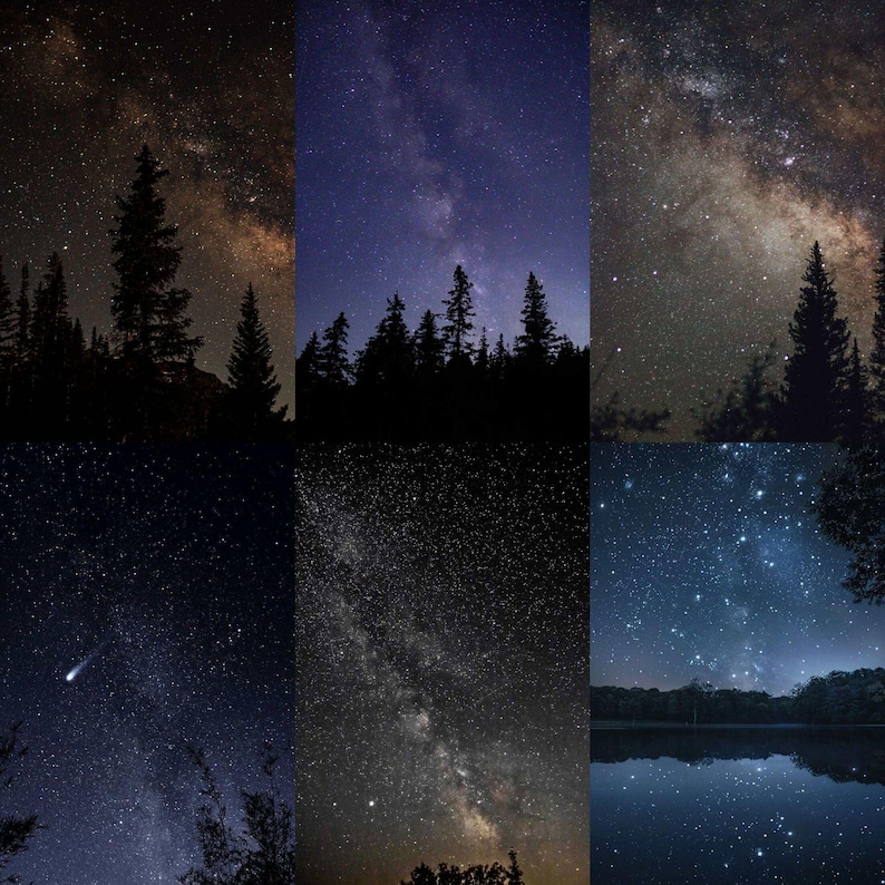 May include: A collage of six night sky photographs featuring the Milky Way galaxy, dense star fields, and silhouettes of coniferous trees. One panel shows a comet streak, while another displays a starry reflection on a calm body of water.