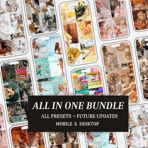 May include: A digital product bundle display featuring multiple smartphone frames showcasing various lifestyle photography grids, with a central black rectangular overlay containing the white text ALL IN ONE BUNDLE ALL PRESETS + FUTURE UPDATES MOBILE & DESKTOP.