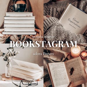 May include: A collage of images featuring books, candles, and glasses. The images are styled with a warm, cozy aesthetic. The text "BOOKSTAGRAM" is displayed in the center of the collage. The text "adora Presets" is displayed below the text "BOOKSTAGRAM".