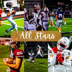 Könnte beinhalten: Eine Collage aus American-Football-Actionfotos mit Spielern in verschiedenen Trikots, Helmen und Polstern auf einem grünen Spielfeld. Der zentrale Textüberlagerung lautet All Stars LIGHTROOM PRESETS in weißer Schrift auf beigem Hintergrund.