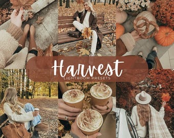 May include: A collection of six autumn-themed photographs featuring a person in a cream sweater and brown coat, a person sitting on a park bench, a pretzel, coffee cups with whipped cream, and a person wearing a hat and plaid scarf. Text reads Harvest.