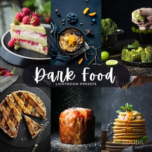 May include: A collage of food photography featuring a raspberry layer cake, pancakes with blueberries and orange slices, broccoli, a lattice-top fruit pie, a panettone, and a stack of banana pancakes with syrup, labelled Dark Food Lightroom Presets.