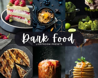 May include: A collage of food photography featuring a raspberry layer cake, pancakes with blueberries and orange slices, broccoli, a lattice-top fruit pie, a panettone, and a stack of banana pancakes with syrup, labeled Dark Food Lightroom Presets.
