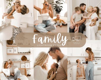 May include: A digital collage of family photographs featuring various indoor scenes with parents and children. The central overlay text reads Family LIGHTROOM PRESETS, accompanied by icons of a smartphone and a computer monitor for mobile and desktop.