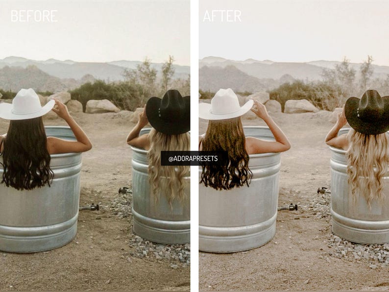 K&ouml;nnte beinhalten: Zwei Frauen in Cowboyh&uuml;ten sitzen in Metallwannen in einer W&uuml;stenlandschaft. Die Frauen sind abgewandt von der Kamera und haben langes, flie&szlig;endes Haar. Die Wannen sind mit Wasser gef&uuml;llt und die Frauen genie&szlig;en das warme Wetter.