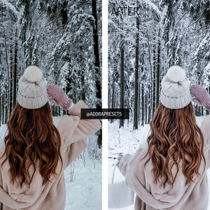 May include: A woman wearing a white knitted hat with a pom pom, a pink knitted glove, and a cream colored faux fur jacket stands in a snowy forest. The trees are covered in snow and the ground is covered in snow. The woman is looking at the trees. The text "@ADORAPRESETS" is visible in the image.