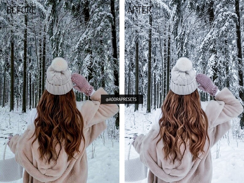 May include: A woman wearing a white knitted hat with a pom pom, a pink knitted glove, and a cream colored faux fur jacket stands in a snowy forest. The trees are covered in snow and the ground is covered in snow. The woman is looking at the trees. The text "@ADORAPRESETS" is visible in the image.