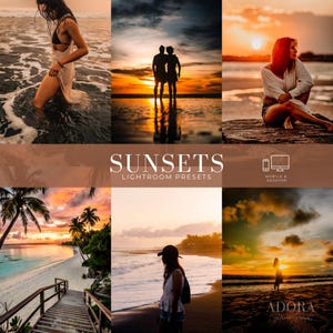 May include: A digital collection of Lightroom presets titled SUNSETS LIGHTROOM PRESETS, featuring six distinct beach photography scenes with warm golden hour lighting, silhouettes, and tropical landscapes for mobile and desktop editing.
