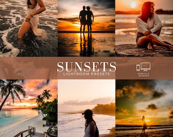 May include: A digital collection of Lightroom presets titled SUNSETS LIGHTROOM PRESETS, featuring six distinct beach photography scenes with warm golden hour lighting, silhouettes, and tropical landscapes for mobile and desktop editing.
