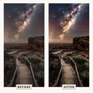 May include: A side-by-side comparison of a landscape photograph featuring a wooden staircase leading towards a rocky coastline under a vibrant night sky filled with stars and the Milky Way galaxy, with the labels BEFORE and AFTER at the bottom.