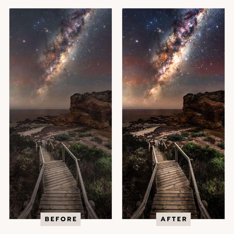 May include: A side-by-side comparison of a landscape photograph featuring a wooden staircase leading towards a rocky coastline under a vibrant night sky filled with stars and the Milky Way galaxy, with the labels BEFORE and AFTER at the bottom.