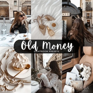 May include: A digital collage featuring lifestyle imagery including a person at a cafe, embellished pointed-toe heels, a coffee cup, a pastry on a gold-rimmed plate, and luxury handbags, with the text Old Money LIGHTROOM PRESETS overlaid in the center.