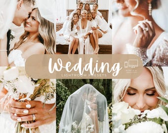 May include: A collage of wedding photographs featuring couples and a bridal party in white attire. The central graphic overlay displays the text "Wedding LIGHTROOM PRESETS" with icons of a smartphone and a computer monitor, set against a tan background.