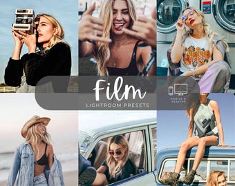 May include: A digital collage featuring six distinct photographs of individuals in various settings, including a beach, a laundromat, and a car. The central text overlay reads Film LIGHTROOM PRESETS with icons for mobile and desktop devices.