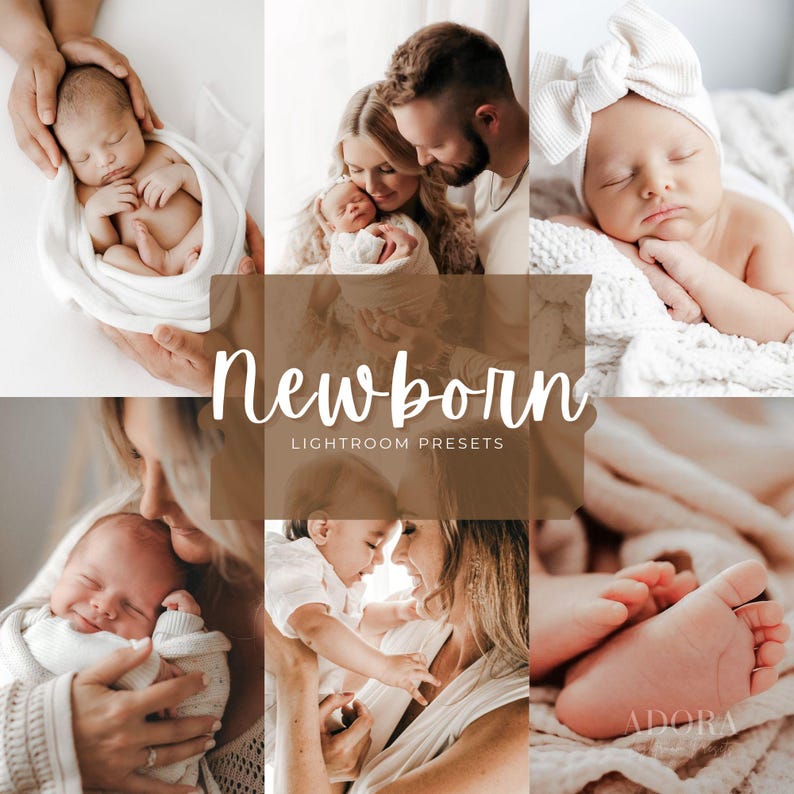 Newborn Lightroom presets for mobile and desktop. Soft warm bright baby photography filters DNG XMP for newborn family portraits aesthetic editing.