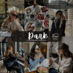 Op de afbeelding: Een digitale collage van lifestyle-fotografie met personen in cafés en op straat, met diverse scènes van eten, drinken en mode. De centrale tekst luidt Dark Lightroom Presets, met iconen voor mobiele apparaten en desktopcomputers.