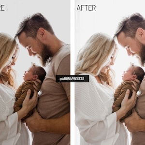 May include: A split-screen comparison showing a before and after photo edit of a family holding a newborn baby. The image features the text @ADORAPRESETS in a black box. The subjects are wearing neutral-toned clothing in a bright, backlit setting.