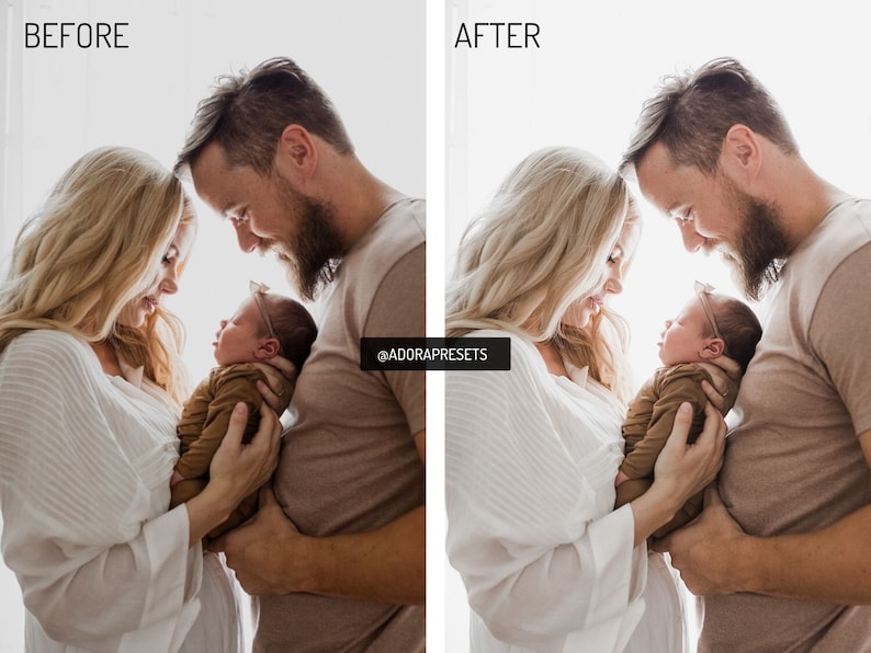 May include: A split-screen comparison showing a before and after photo edit of a family holding a newborn baby. The image features the text @ADORAPRESETS in a black box. The subjects are wearing neutral-toned clothing in a bright, backlit setting.