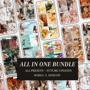 May include: A digital product bundle display featuring multiple smartphone frames showcasing various lifestyle photography grids, with a central black rectangular overlay containing the white text ALL IN ONE BUNDLE ALL PRESETS + FUTURE UPDATES MOBILE & DESKTOP.
