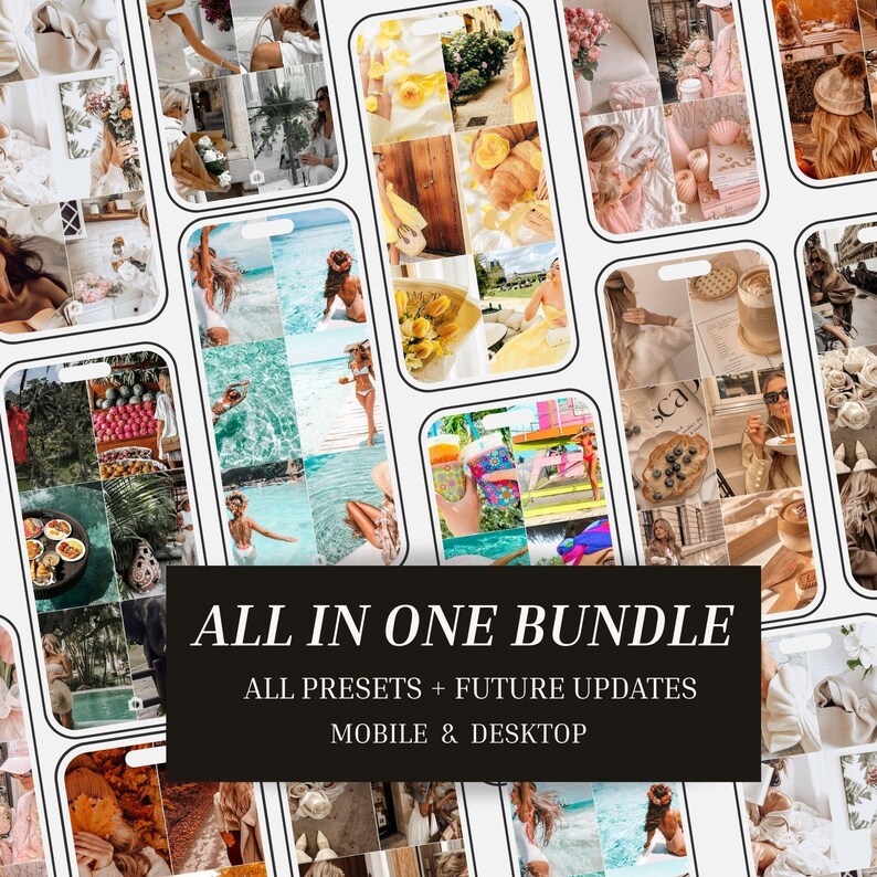 May include: A digital product bundle display featuring multiple smartphone frames showcasing various lifestyle photography grids, with a central black rectangular overlay containing the white text ALL IN ONE BUNDLE ALL PRESETS + FUTURE UPDATES MOBILE & DESKTOP.