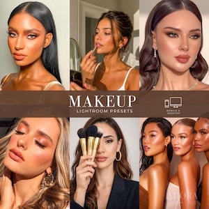 Puede incluir: Una colección digital de ajustes preestablecidos de Lightroom para maquillaje con un collage de retratos de diversos tonos de piel, looks de maquillaje radiantes y efectos de iluminación. El texto dice MAKEUP LIGHTROOM PRESETS con iconos.