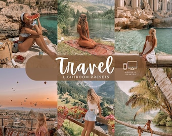 May include: A digital collection of Travel Lightroom Presets for mobile and desktop, featuring a collage of six travel photographs showing various outdoor landscapes, scenic landmarks, and vacation settings with warm, bright, and airy color tones.