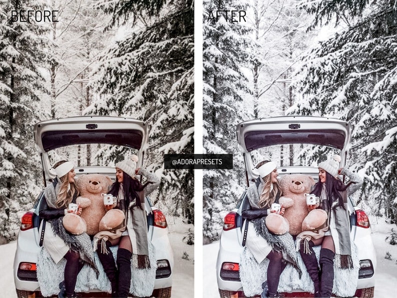 May include: Two people are sitting in the back of a white car with the trunk open. They are holding mugs and a large teddy bear. The car is parked in a snowy forest.