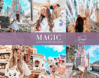 May include: A digital product advertisement titled MAGIC LIGHTROOM PRESETS featuring six collage images of a theme park, including a castle, fireworks, character ears, balloons, and plush toys, with icons for mobile and desktop compatibility.