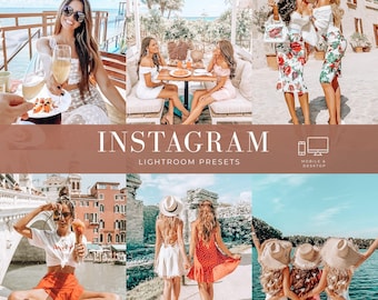 May include: A digital collection of Instagram Lightroom presets featuring a collage of six bright, sun-drenched travel photographs. The central text reads INSTAGRAM LIGHTROOM PRESETS, with icons indicating compatibility for mobile and desktop devices.