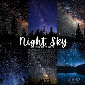 Pode incluir: Uma colagem digital de seis cenas do céu noturno com estrelas, a Via Láctea e silhuetas de árvores e água. O texto Night Sky Lightroom Presets está centralizado em uma fonte branca cursiva e sem serifa sobre as imagens celestiais.