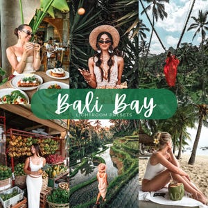 May include: A collage of travel photography featuring Bali landscapes, tropical beaches, lush rice terraces, and fruit markets. The central text overlay reads Bali Bay LIGHTROOM PRESETS in white script and sans-serif font against a green background.