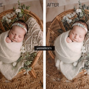May include: A split-screen comparison labeled BEFORE and AFTER showing a newborn baby wrapped in a cream-colored blanket, wearing a floral headband, resting in a round rattan chair with macrame accents, eucalyptus sprigs, and the text @ADORAPRESETS.