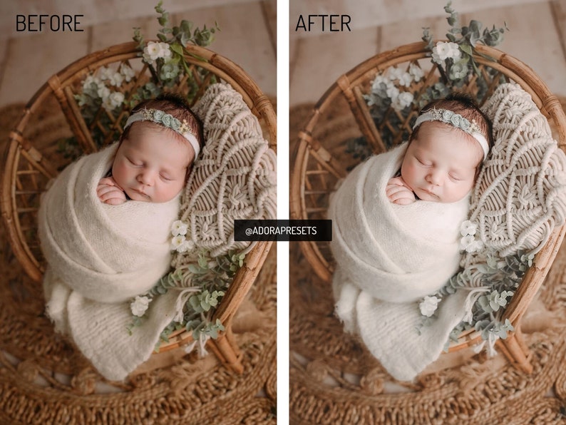 May include: A split-screen comparison labeled BEFORE and AFTER showing a newborn baby wrapped in a cream-colored blanket, wearing a floral headband, resting in a round rattan chair with macrame accents, eucalyptus sprigs, and the text @ADORAPRESETS.