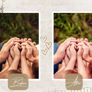 May include: A photo showing the difference between before and after editing. The before image shows a group of hands stacked on top of each other. The after image shows the same hands, but they are edited to look more vibrant and colorful.